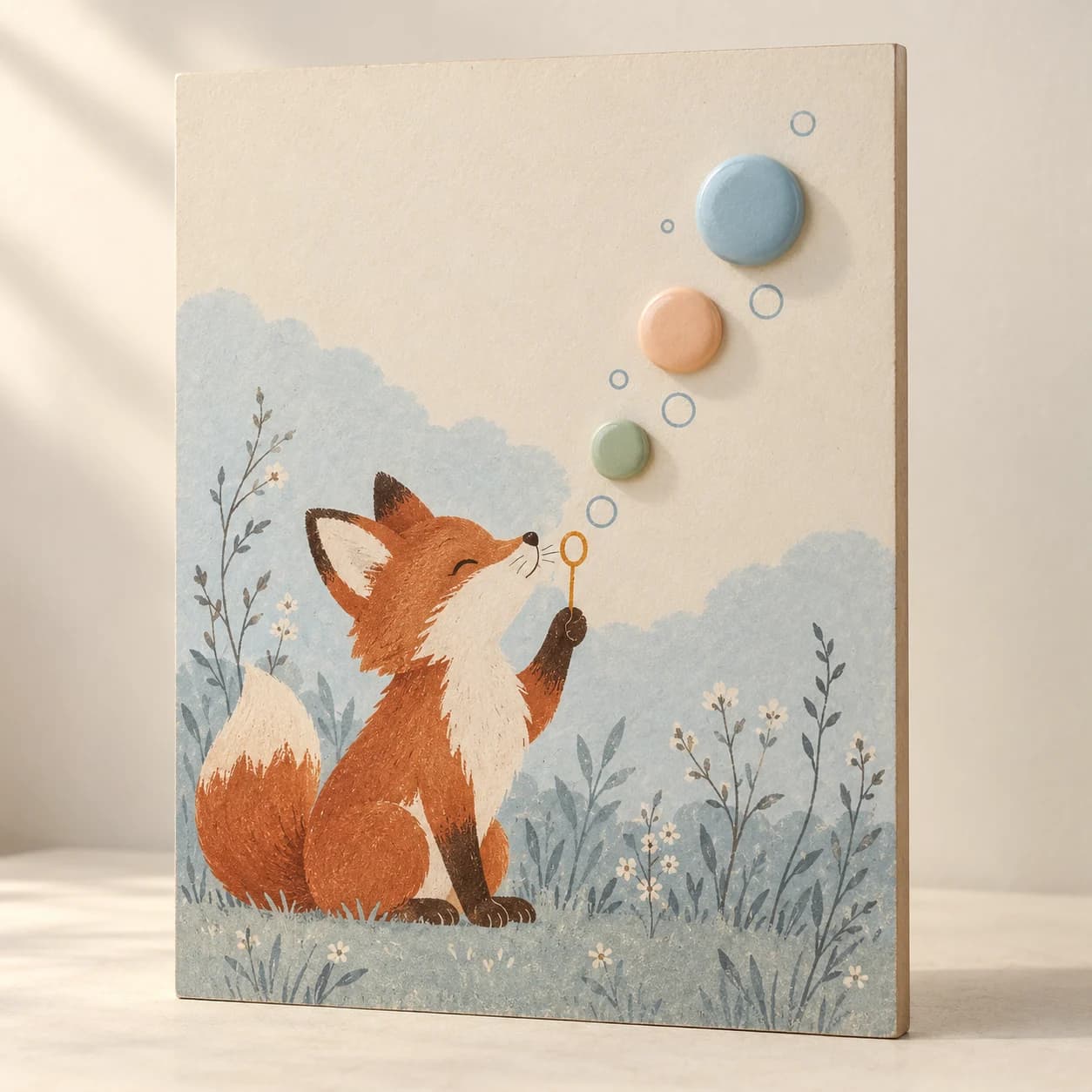 Renard imprimé soufflant des bulles, avec trois disques pastel bombés collés sur le tableau