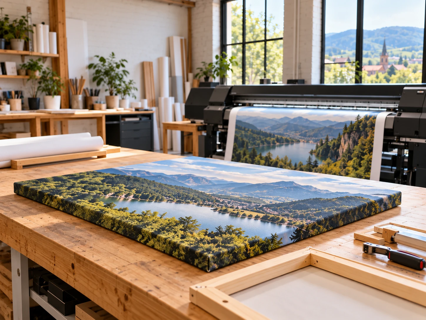 Illustration d’un atelier sans personnage, avec une toile imprimée sur châssis et un cadre en bois sur l’établi