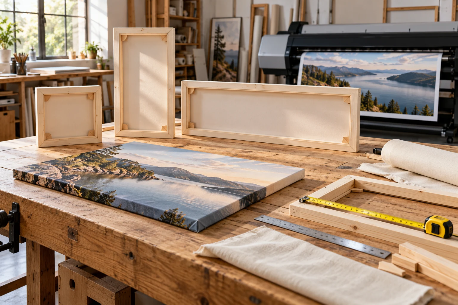 Illustration de fabrication sur mesure : châssis bois de plusieurs formats, toile imprimée, mètre ruban et imprimante grand format