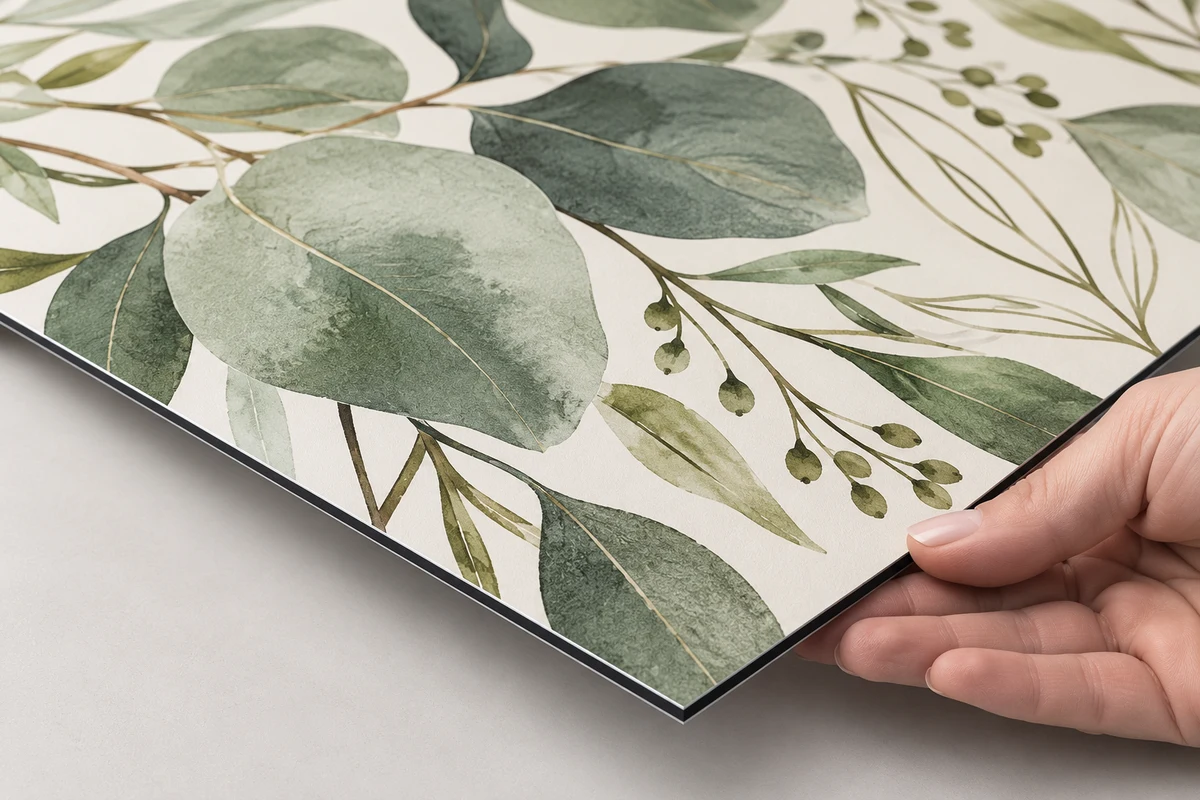 Illustration d’un panneau Alu Dibond mat imprimé de feuillages : panneau plat avec une tranche montrant son âme sombre entre deux parements aluminium