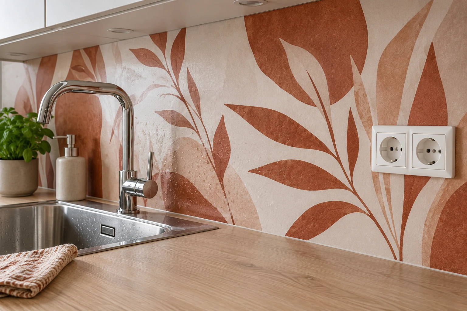 Crédence imprimée terracotta installée contre le mur derrière le plan de travail, avec joint de raccord, prise et évier