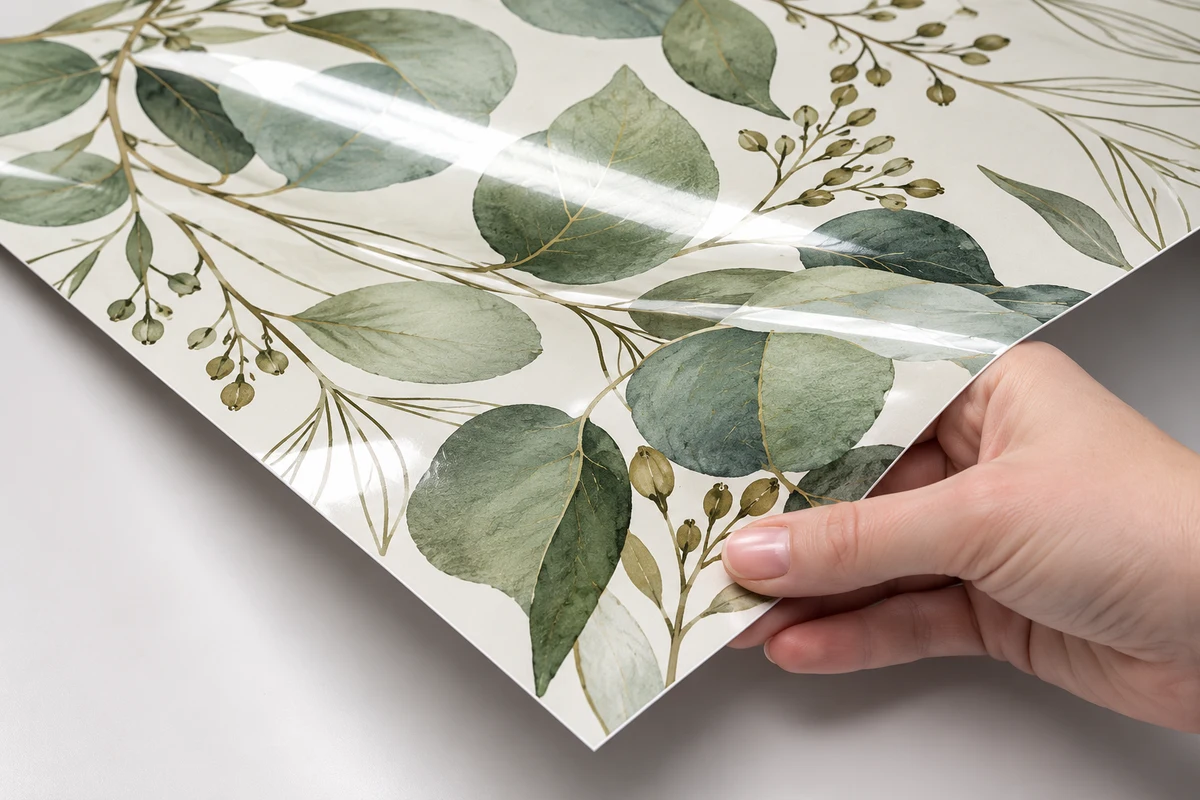 Illustration du film rigide brillant imprimé de feuillages : feuille fine légèrement courbée, avec un reflet lumineux sur la surface