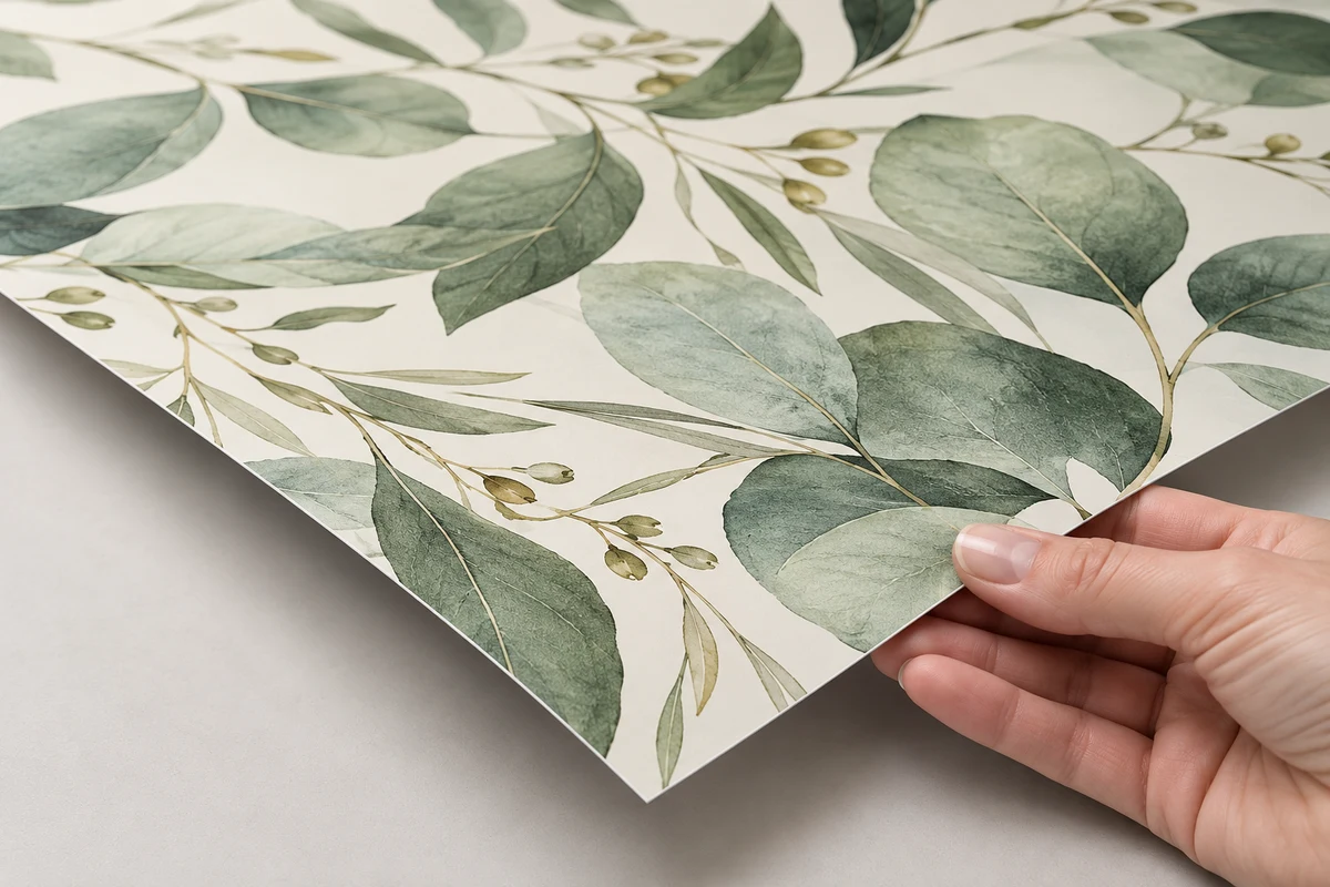 Illustration du film rigide mat imprimé de feuillages : feuille fine légèrement courbée, avec une surface mate sans reflet marqué