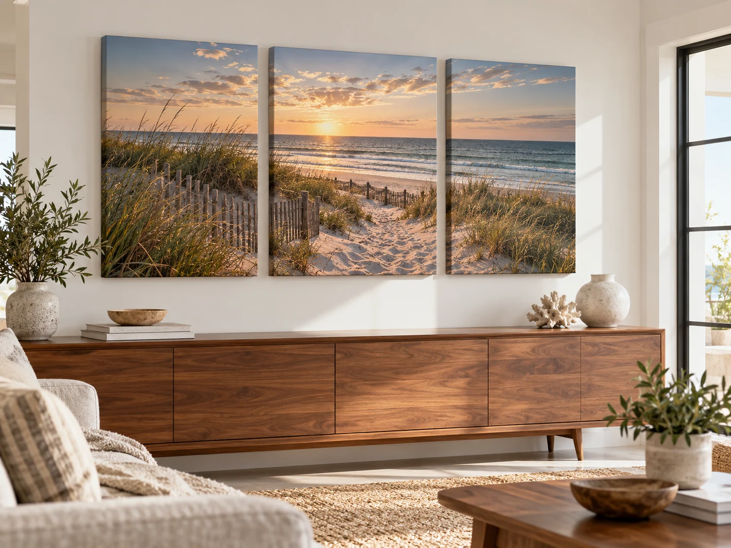 Triptyque photographique mis en situation dans un intérieur