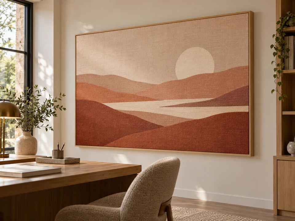 Mise en scène d’un tableau acoustique imprimé aux tons terracotta, dans un bureau épuré