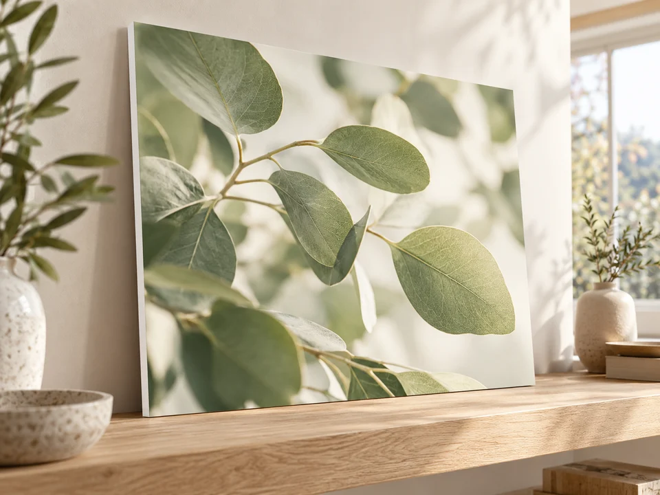 Mise en scène d’une impression botanique sur panneau Forex blanc, posée sur une console en bois