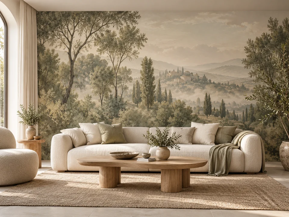 Mise en scène d’un papier peint panoramique de forêt dans un salon aux tons naturels