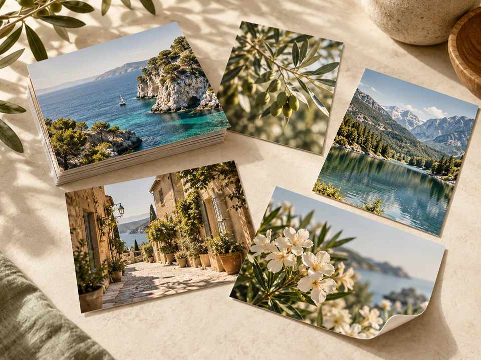 Mise en scène de tirages photo de paysages et de nature sur une table claire