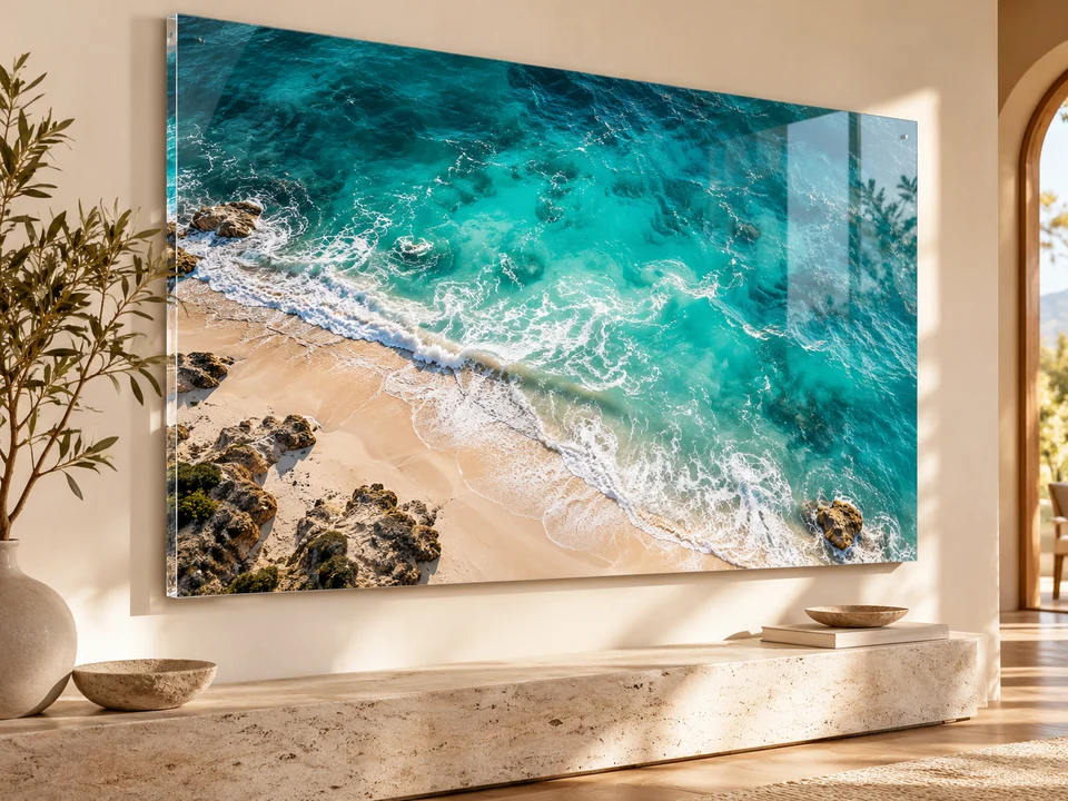 Mise en scène d’une photographie marine sur Plexi brillant aux bords transparents