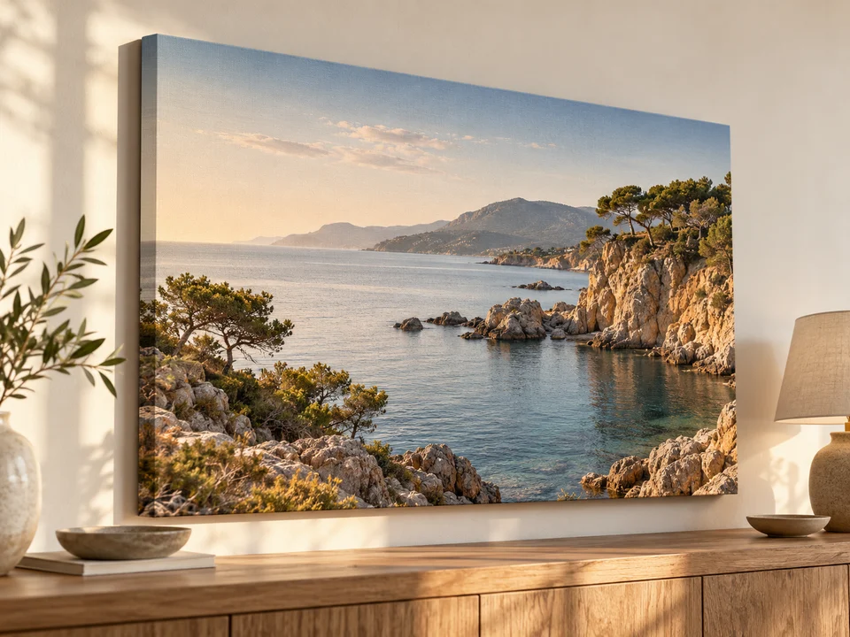 Mise en scène d’une photo de littoral imprimée sur toile, dans un salon lumineux