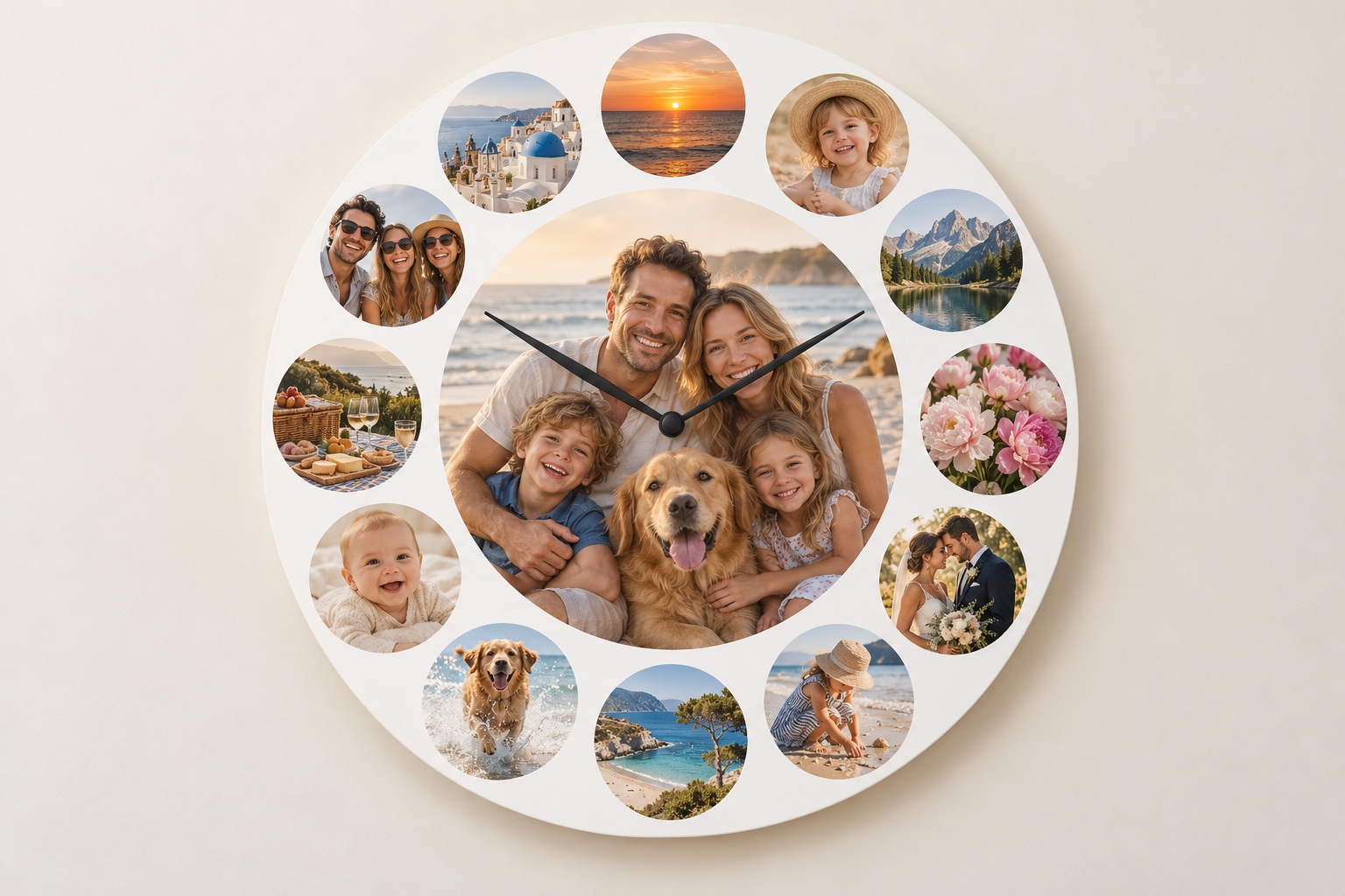Exemple d’horloge avec une photo de famille centrale et douze souvenirs autour du cadran