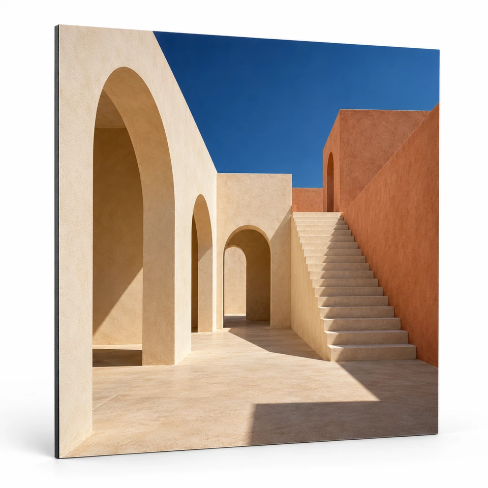 Photo d’architecture aux arches et à l’escalier sur un panneau Alu Dibond mat, sur fond blanc