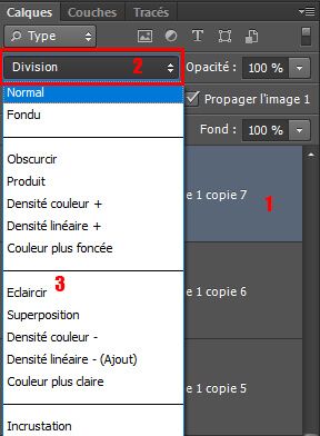 Menu des modes de fusion dans Photoshop